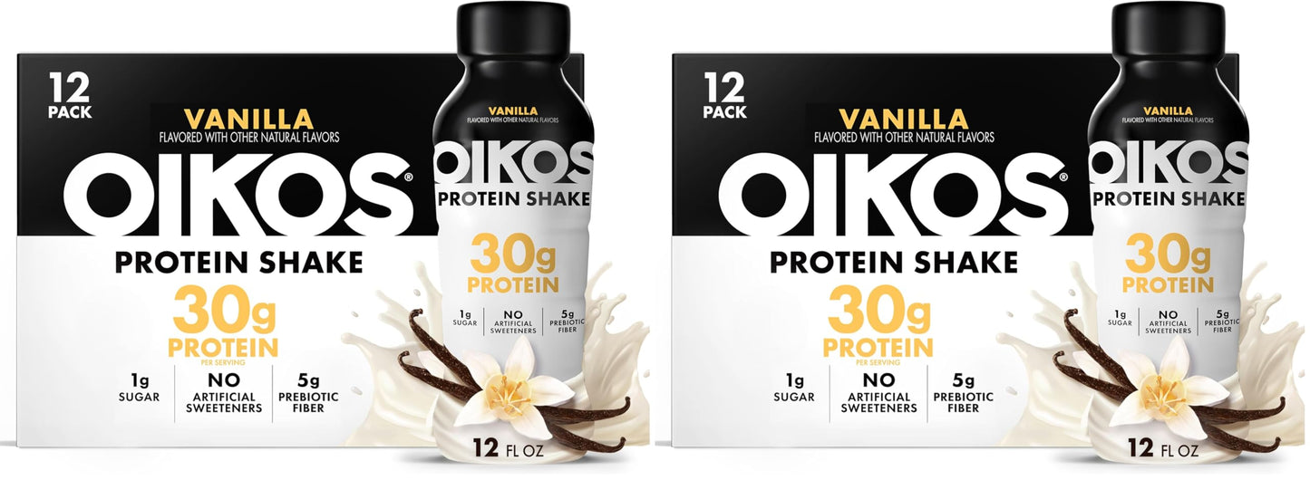 Oikos Protein Shake, Chocolate, 30g High Protein Drinks, Shelf Stable, Ready to Drink, 5g Prebiotic Fiber, 12 fl oz Bottle, 12 Count