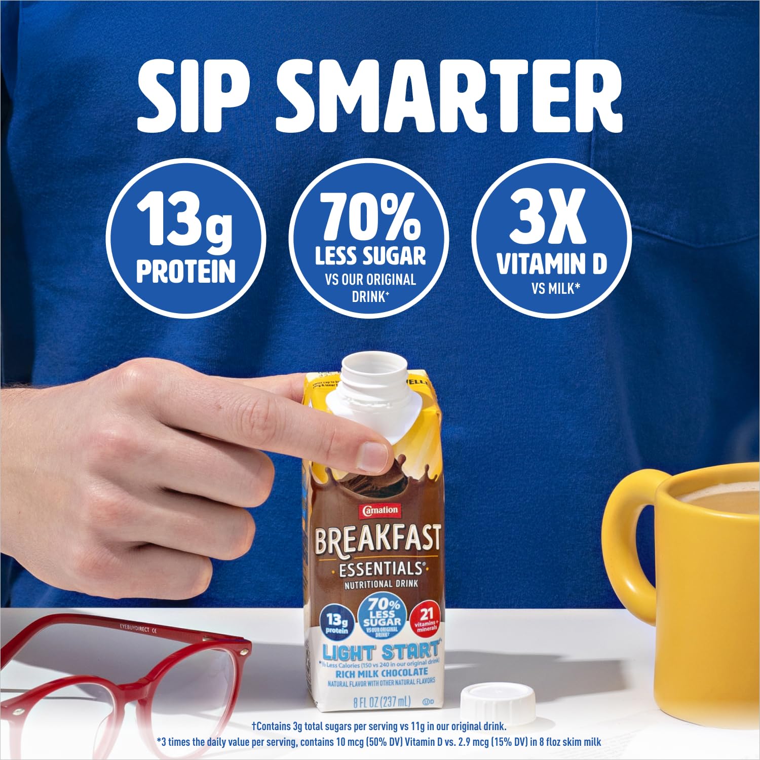 Carnation Breakfast Essentials Light Start Nutritional Drink, 13g Protein Ready-to-Drink, 70% Less Sugar, Immune Support, Vitamins, Gluten Free, Chocolate, 8 FL OZ Carton (24 Pack)