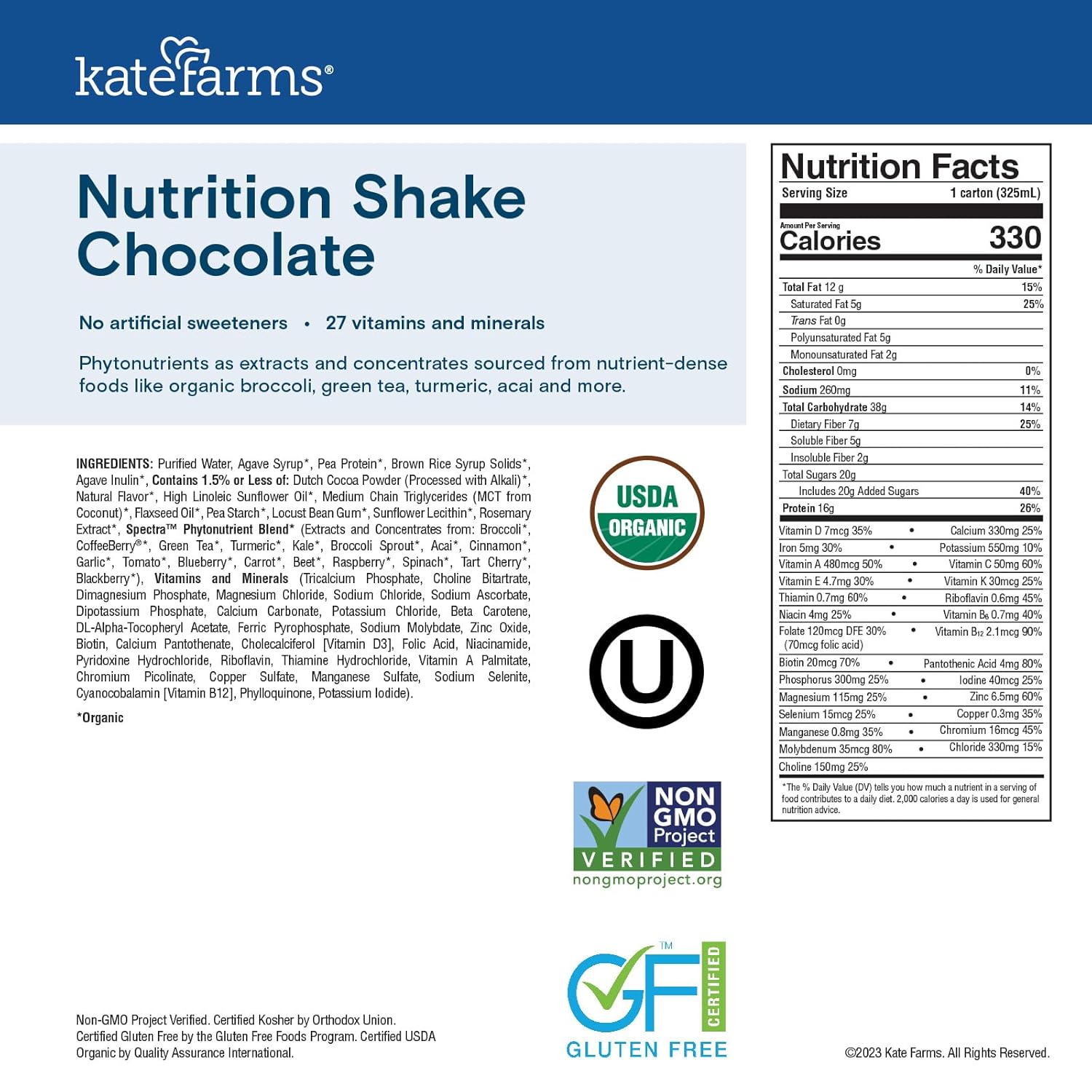 KATE FARMS Organic Nutrition Shake, Chocolate, 16g Protein, 27 Vitamins and Minerals, Meal Replacement Shake, 11 oz (12 Pack)