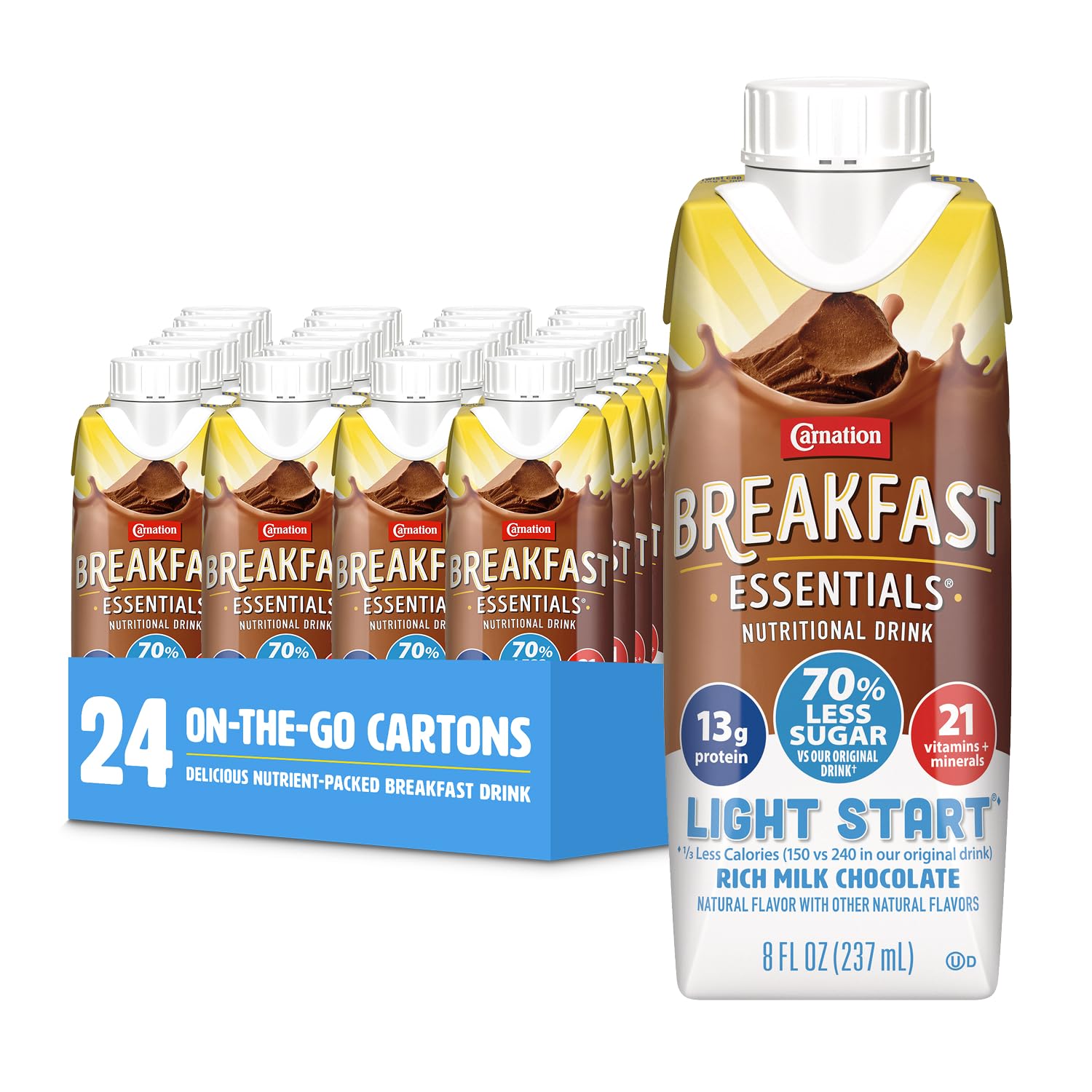 Carnation Breakfast Essentials Light Start Nutritional Drink, 13g Protein Ready-to-Drink, 70% Less Sugar, Immune Support, Vitamins, Gluten Free, Chocolate, 8 FL OZ Carton (24 Pack)