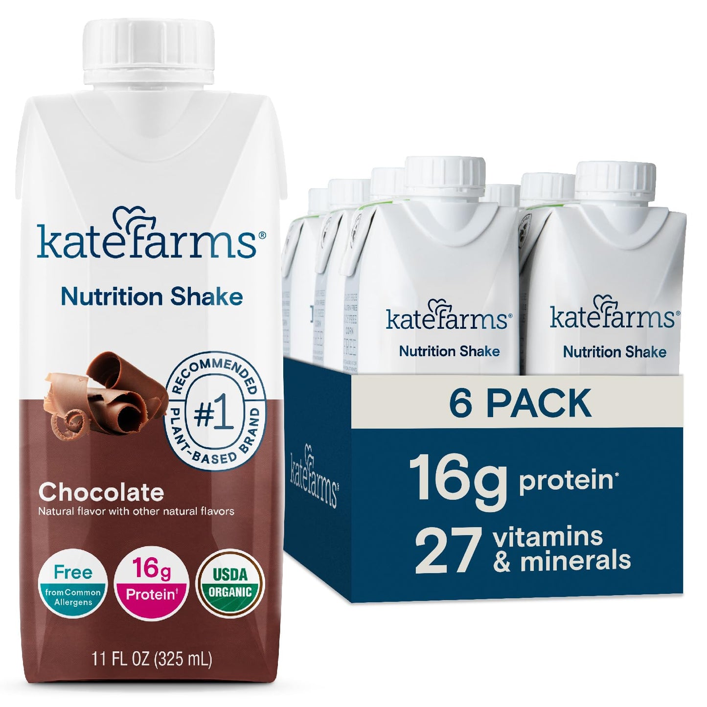 KATE FARMS Organic Nutrition Shake, Chocolate, 16g Protein, 27 Vitamins and Minerals, Meal Replacement Shake, 11 oz (12 Pack)