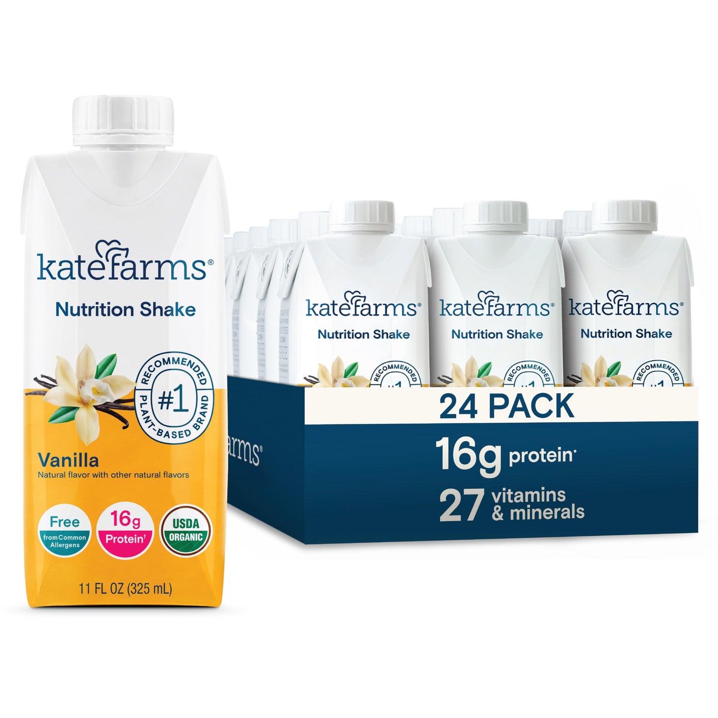 KATE FARMS Organic Nutrition Shake, Chocolate, 16g Protein, 27 Vitamins and Minerals, Meal Replacement Shake, 11 oz (12 Pack)