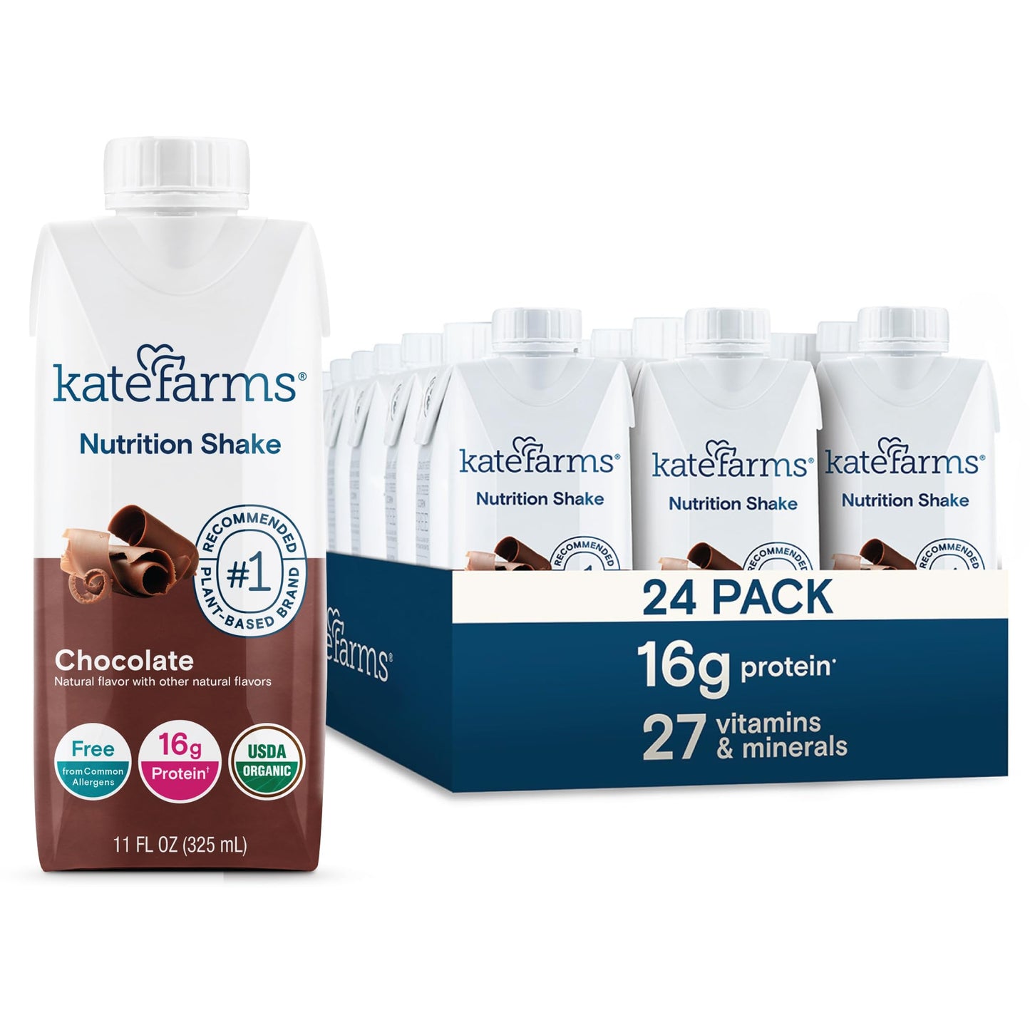 KATE FARMS Organic Nutrition Shake, Chocolate, 16g Protein, 27 Vitamins and Minerals, Meal Replacement Shake, 11 oz (12 Pack)