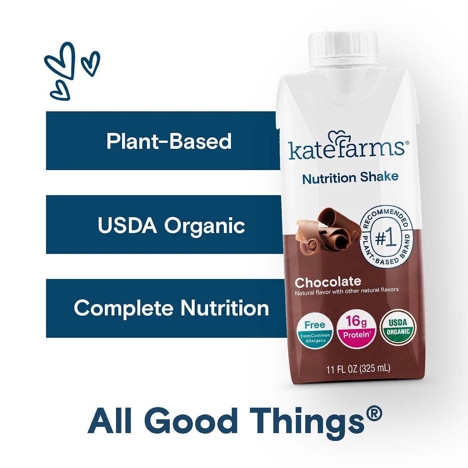 KATE FARMS Organic Nutrition Shake, Chocolate, 16g Protein, 27 Vitamins and Minerals, Meal Replacement Shake, 11 oz (12 Pack)