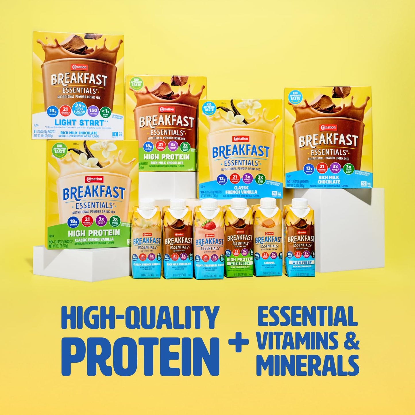 Carnation Breakfast Essentials Light Start Nutritional Drink, 13g Protein Ready-to-Drink, 70% Less Sugar, Immune Support, Vitamins, Gluten Free, Chocolate, 8 FL OZ Carton (24 Pack)