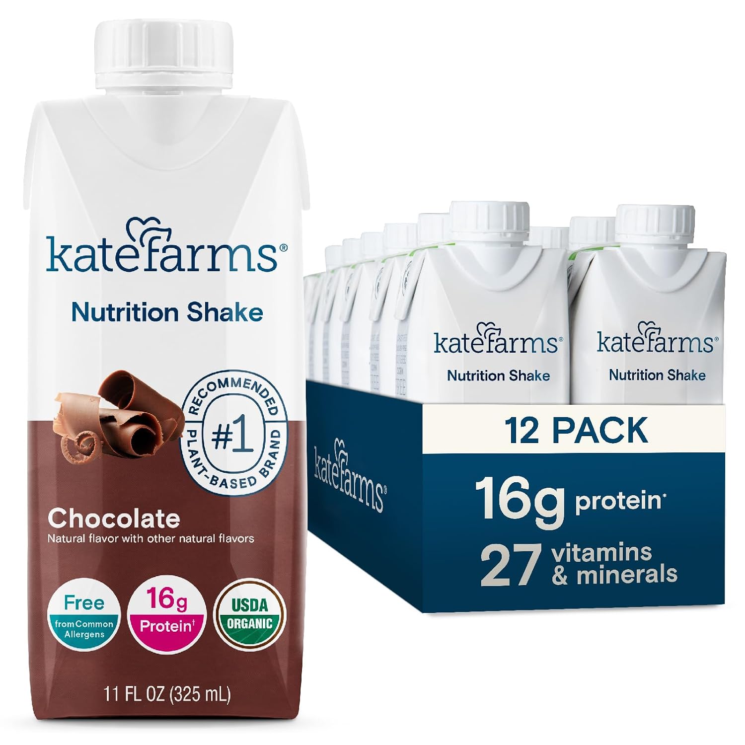 KATE FARMS Organic Nutrition Shake, Chocolate, 16g Protein, 27 Vitamins and Minerals, Meal Replacement Shake, 11 oz (12 Pack)
