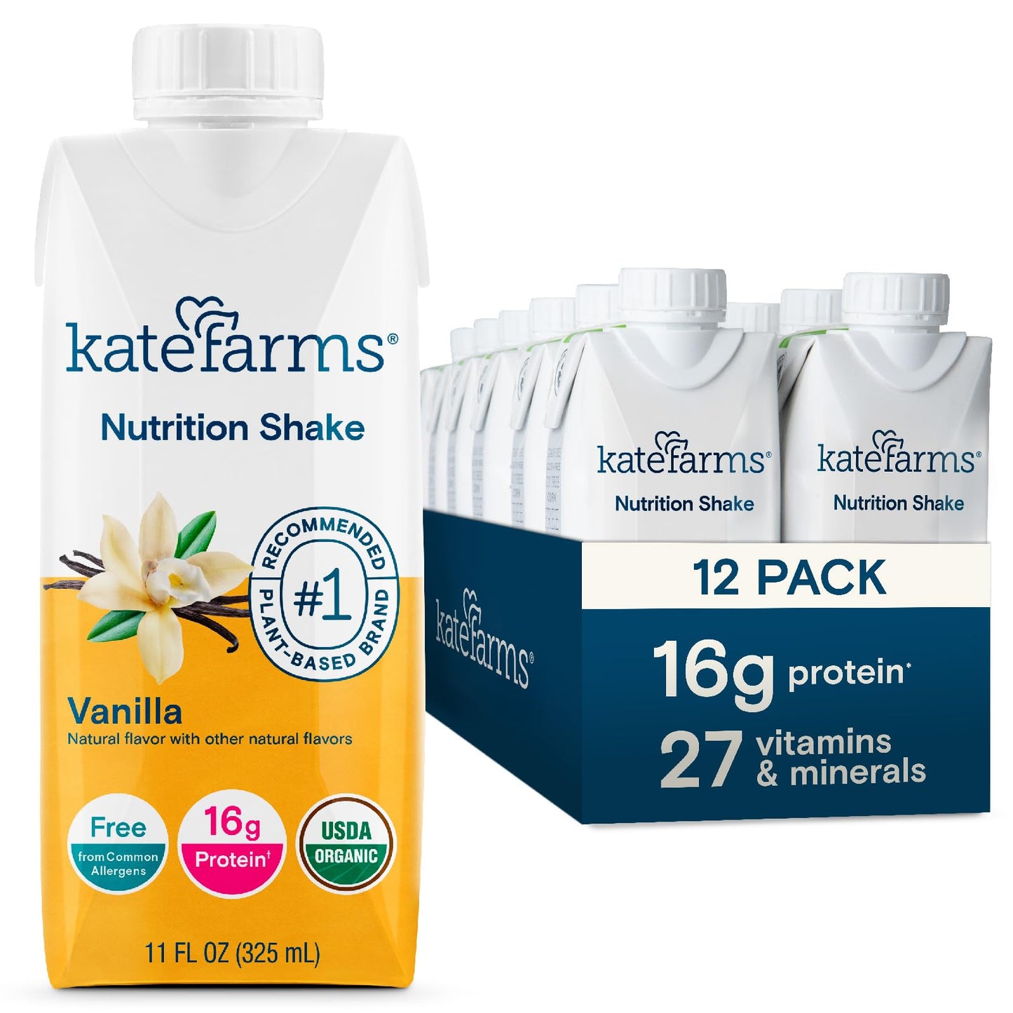 KATE FARMS Organic Nutrition Shake, Chocolate, 16g Protein, 27 Vitamins and Minerals, Meal Replacement Shake, 11 oz (12 Pack)