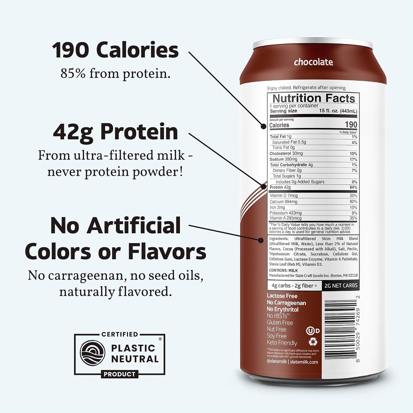 Slate Milk - Ultra Protein Shake - Chocolate - 42g Protein, 1g Sugar, 190 Calories, 2g Net Carbs - Lactose Free, No Added Sugar - Made with Ultra Filtered Milk - Breakfast Boost, Post Workout - 15 fl oz, 12 Cans