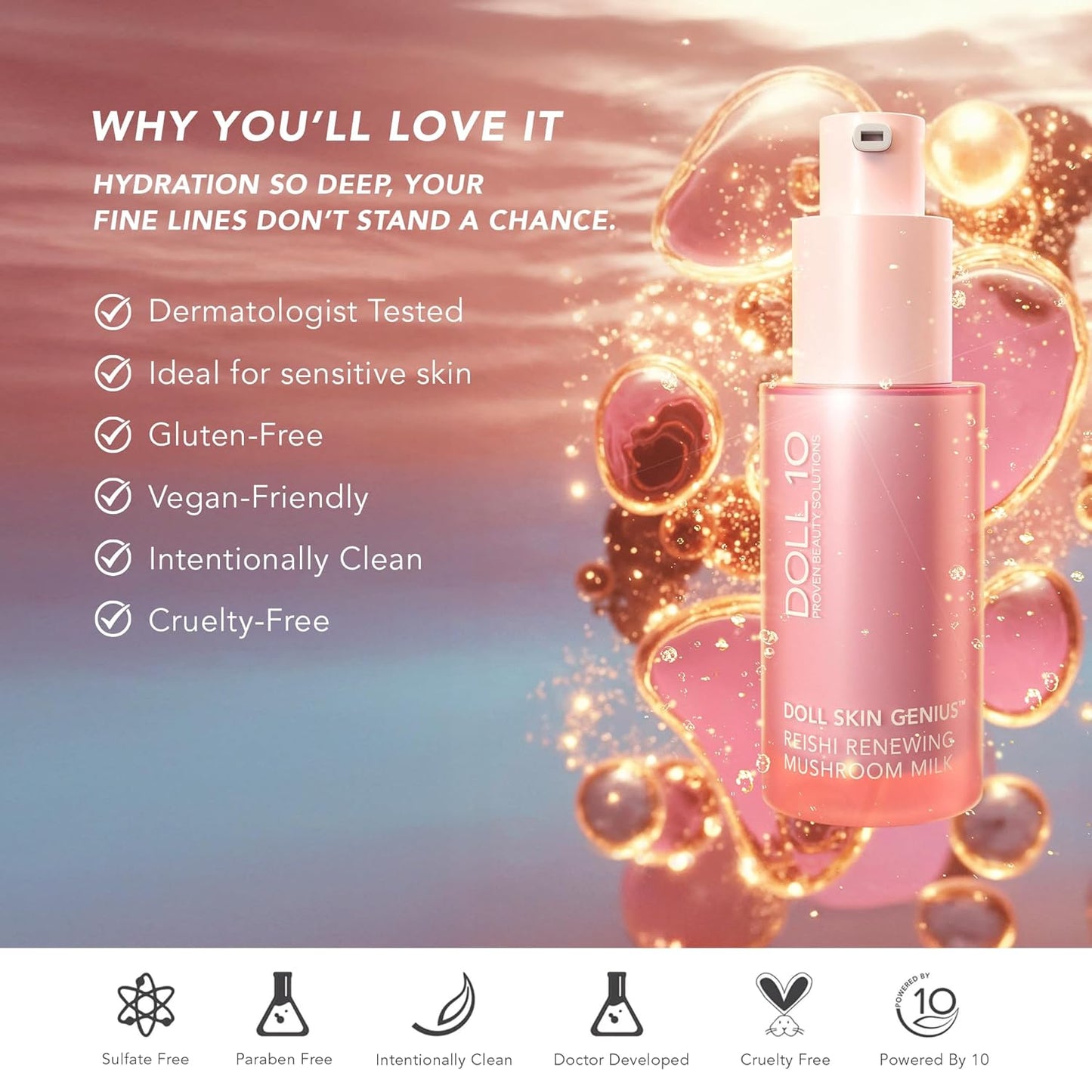Doll Skin Genius™ Reishi Renewing Mushroom Milk – Hydrating Face Serum w/Reishi, Chaga & Lion’s Mane – Anti-Aging, Barrier Repair & Soothing Skincare for Dry, Sensitive or Mature Skin - 30 Day Supply