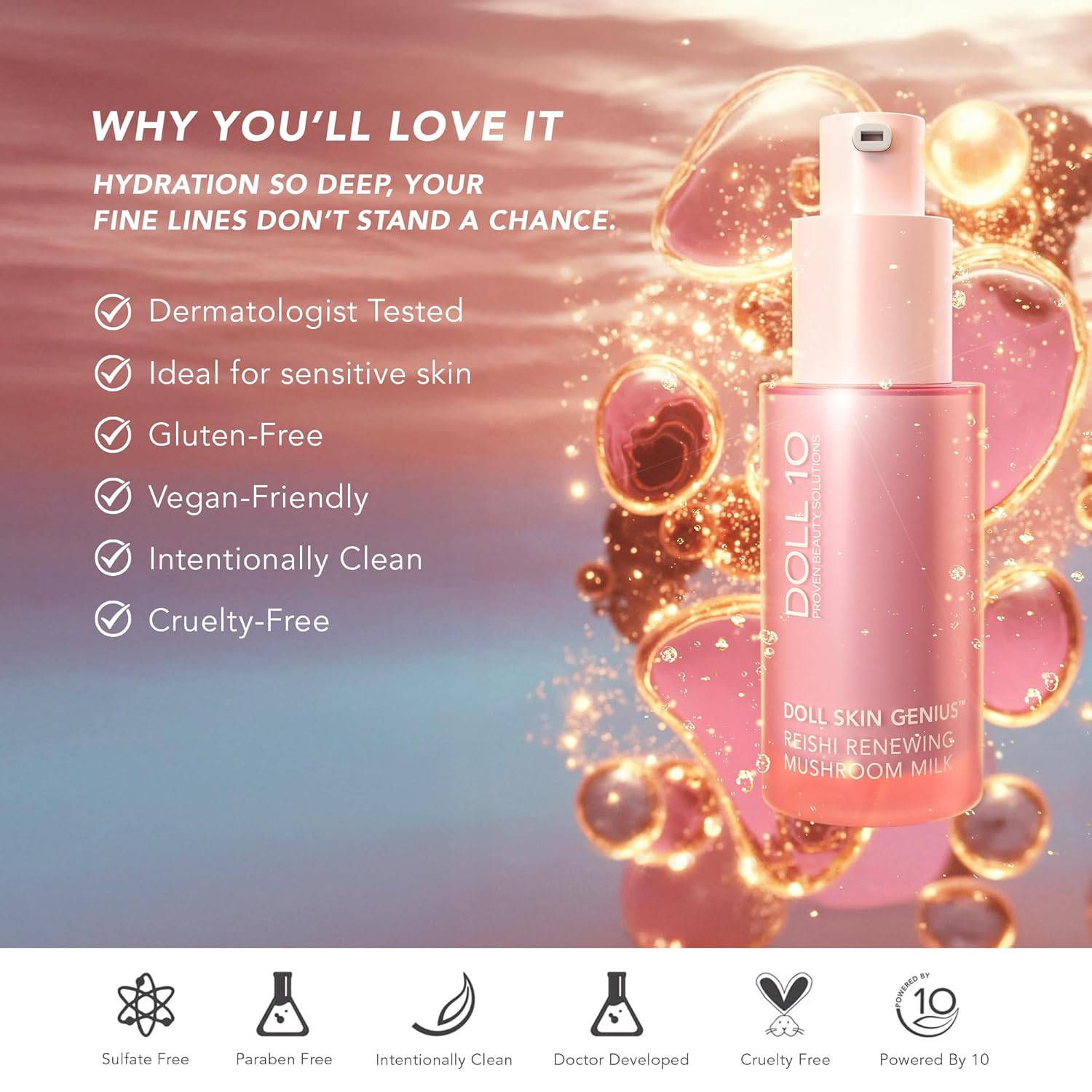 Doll Skin Genius™ Reishi Renewing Mushroom Milk – Hydrating Face Serum w/Reishi, Chaga & Lion’s Mane – Anti-Aging, Barrier Repair & Soothing Skincare for Dry, Sensitive or Mature Skin - 30 Day Supply