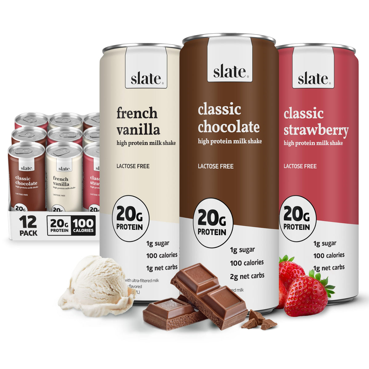 Slate Milk - High Protein Milk Shake - French Vanilla - Lactose Free, 20g Protein, 1g Sugar, 100 Calories, 1g Net Carbs, No Added Sugar - Natural, Breakfast Boost, Post Workout - 11 fl oz, 12 Cans