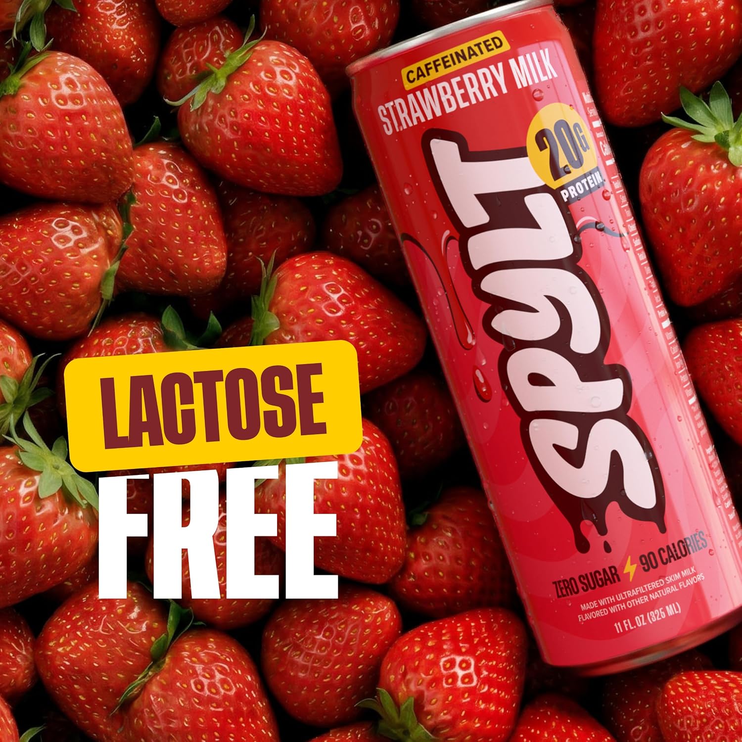 Spylt High Protein Strawberry Milk with 60mg Caffeine & 20g Protein - 90 Calories, Ready to Drink, Sugar Free, Lactose Free Milk, Perfect for Workout Recovery & Afternoon Pick Me Up - 12 Count - Packaging May Vary