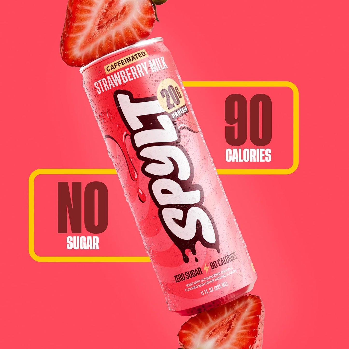 Spylt High Protein Strawberry Milk with 60mg Caffeine & 20g Protein - 90 Calories, Ready to Drink, Sugar Free, Lactose Free Milk, Perfect for Workout Recovery & Afternoon Pick Me Up - 12 Count - Packaging May Vary