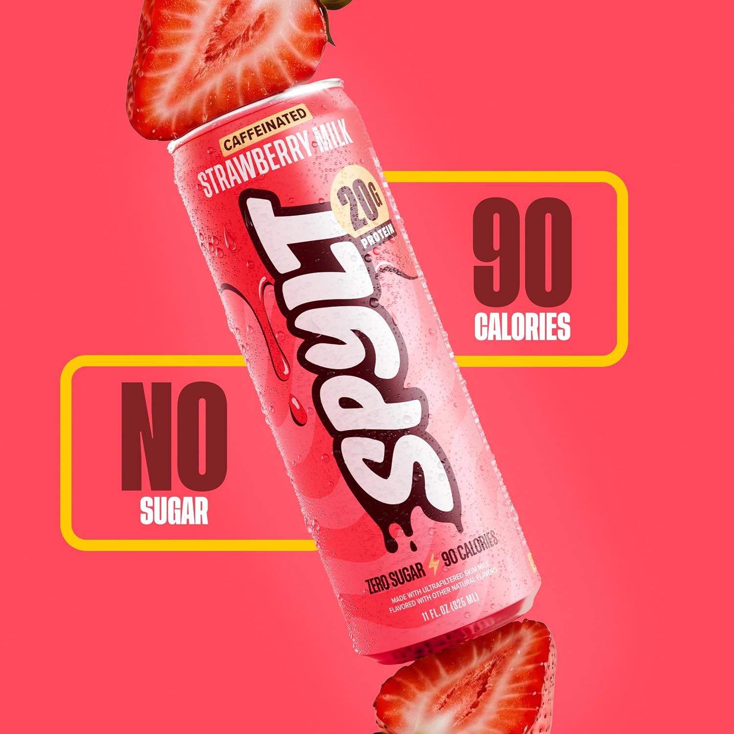 Spylt High Protein Strawberry Milk with 60mg Caffeine & 20g Protein - 90 Calories, Ready to Drink, Sugar Free, Lactose Free Milk, Perfect for Workout Recovery & Afternoon Pick Me Up - 12 Count - Packaging May Vary