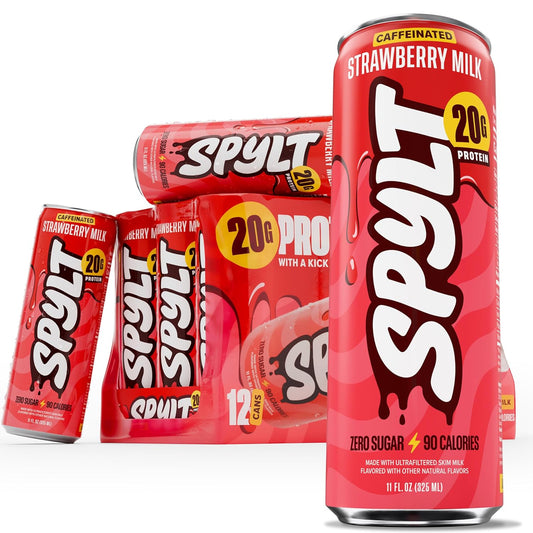 Spylt High Protein Strawberry Milk with 60mg Caffeine & 20g Protein - 90 Calories, Ready to Drink, Sugar Free, Lactose Free Milk, Perfect for Workout Recovery & Afternoon Pick Me Up - 12 Count - Packaging May Vary