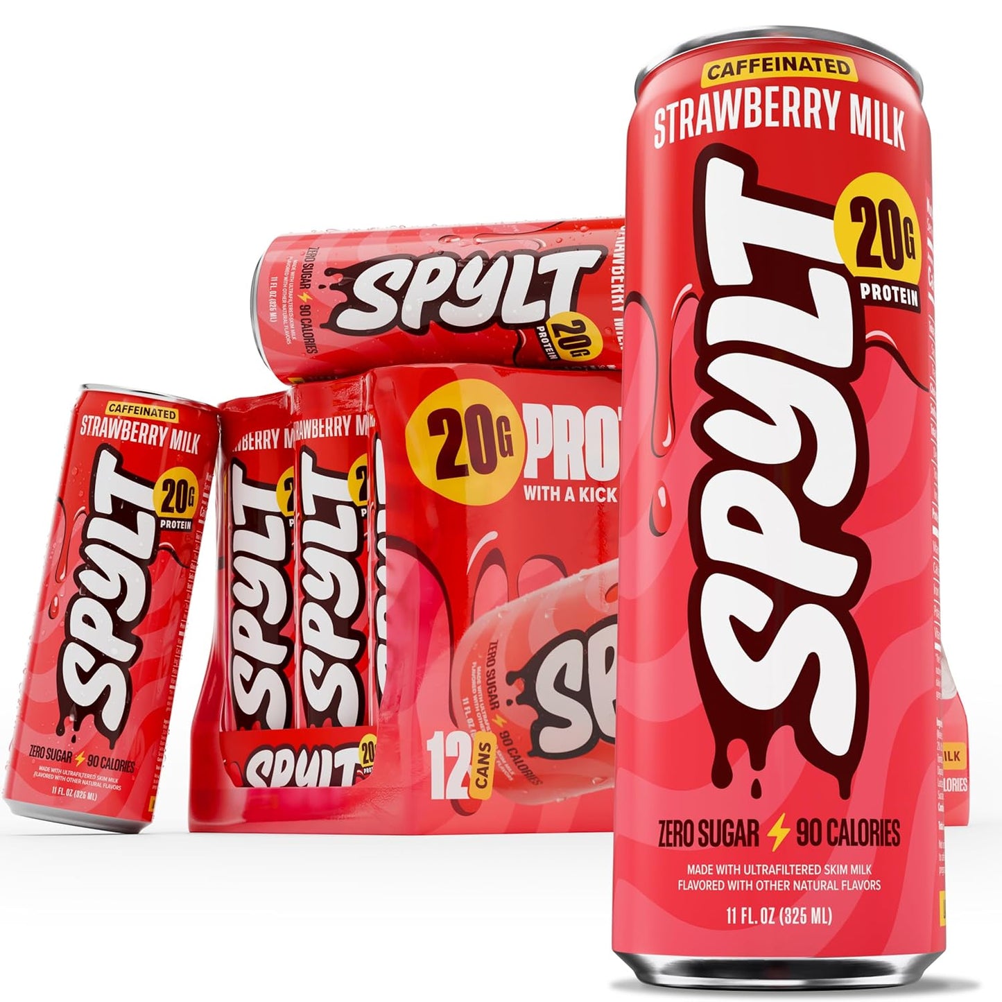 Spylt High Protein Strawberry Milk with 60mg Caffeine & 20g Protein - 90 Calories, Ready to Drink, Sugar Free, Lactose Free Milk, Perfect for Workout Recovery & Afternoon Pick Me Up - 12 Count - Packaging May Vary