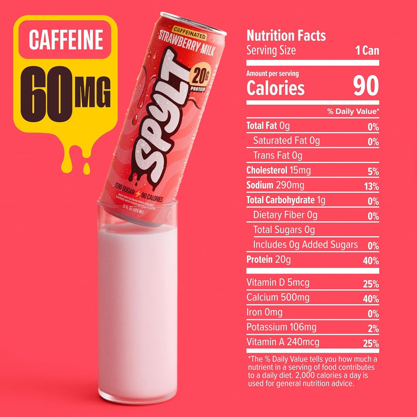 Spylt High Protein Strawberry Milk with 60mg Caffeine & 20g Protein - 90 Calories, Ready to Drink, Sugar Free, Lactose Free Milk, Perfect for Workout Recovery & Afternoon Pick Me Up - 12 Count - Packaging May Vary